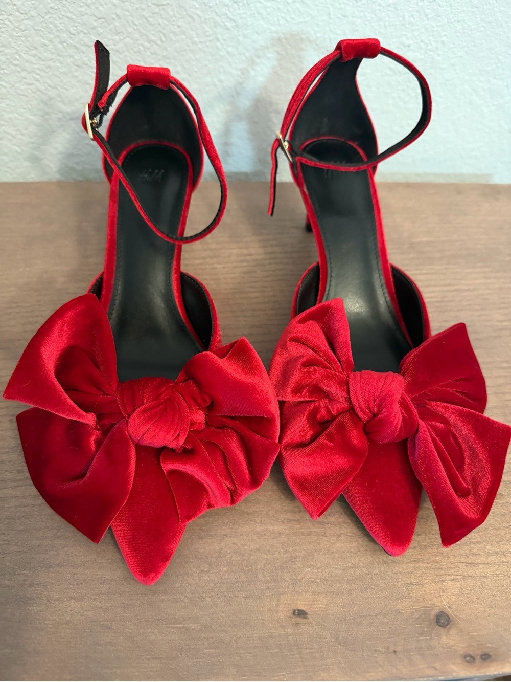 H&M Red Velvet Bow Ankle-Strap Heels